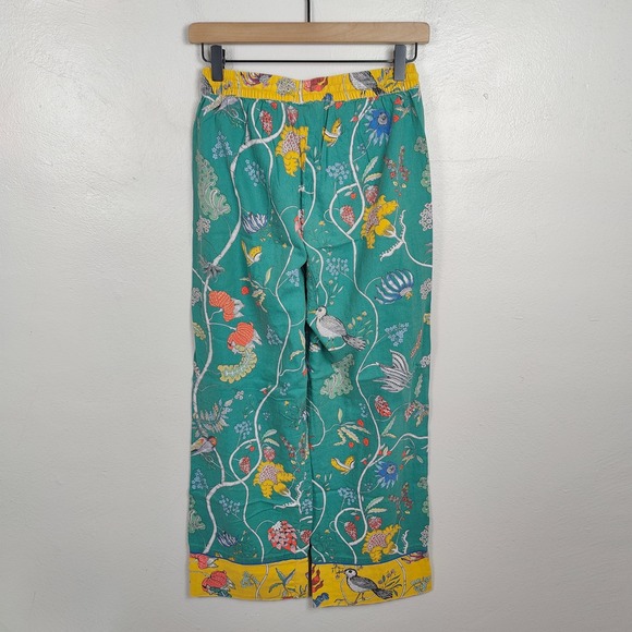 Anthropologie Pajama Pants Womens XS Florence Broadhurst Green Floral Bird Print - Picture 5 of 8